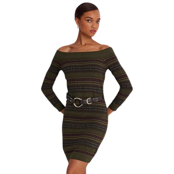 Ralph Lauren Fair Isle Off-the-Shoulder Long Sleeve Sweater Dress MPetite - Picture 2 of 7